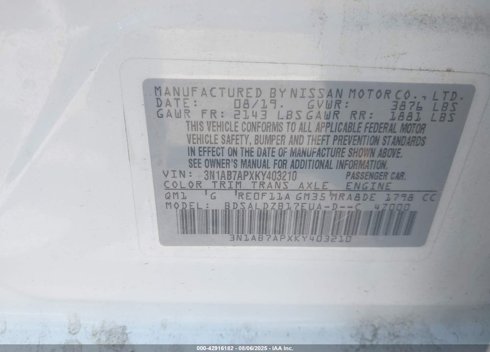 2019 NISSAN SENTRA VIN: 3N1AB7APXKY403210