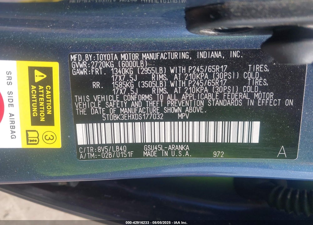 2013 TOYOTA HIGHLANDER VIN: 5TDBK3EHXDS177032