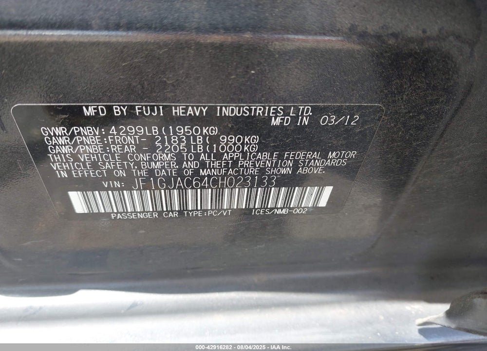 2012 SUBARU IMPREZA VIN: JF1GJAC64CH023133