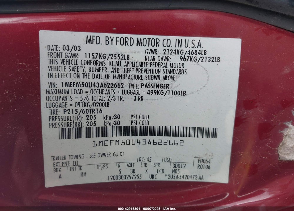 2003 MERCURY SABLE GS VIN: 1MEFM50U43A622662