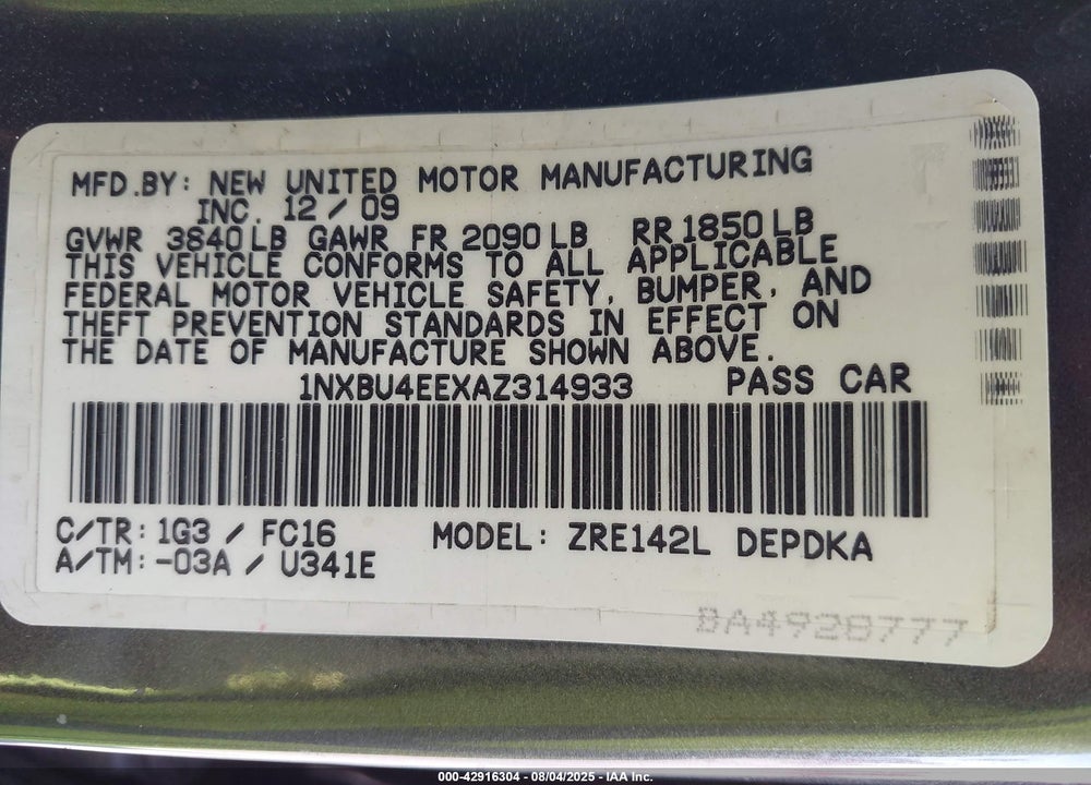 2010 TOYOTA COROLLA VIN: 1NXBU4EEXAZ314933