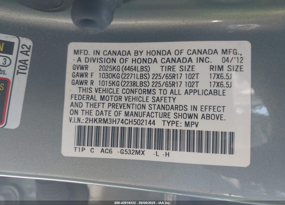 2012 HONDA CR-V VIN: 2HKRM3H74CH502144