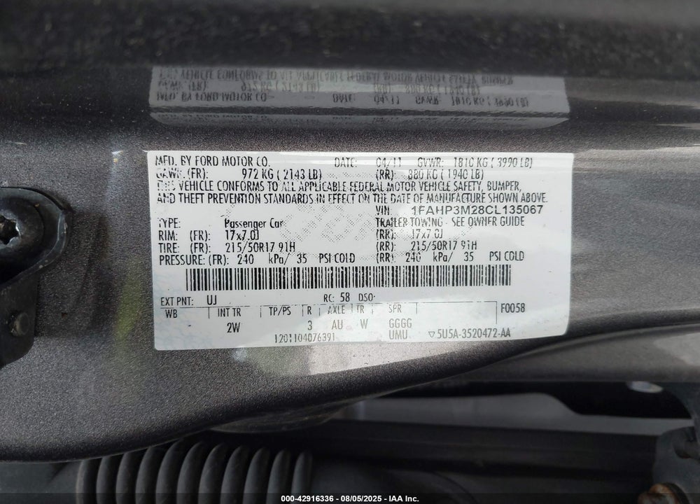 2012 FORD FOCUS VIN: 1FAHP3M28CL135067