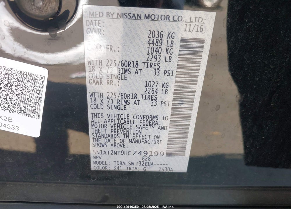 2017 NISSAN ROGUE VIN: 5N1AT2MT9HC749199