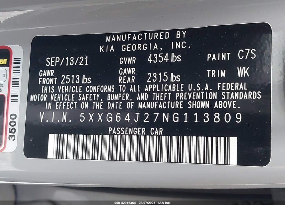 2022 KIA K5 VIN: 5XXG64J27NG113809