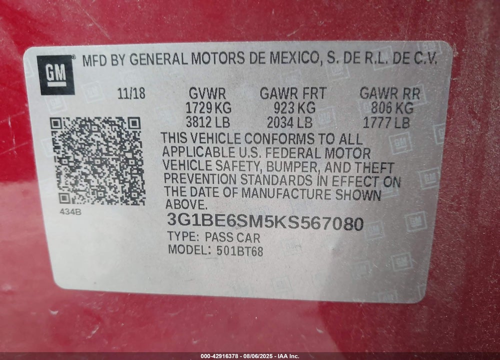 2019 CHEVROLET CRUZE VIN: 3G1BE6SM5KS567080