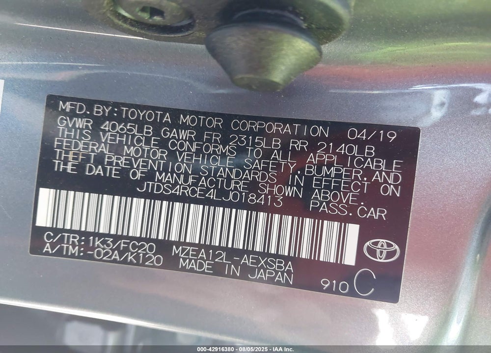 2020 TOYOTA COROLLA VIN: JTDS4RCE4LJ018413