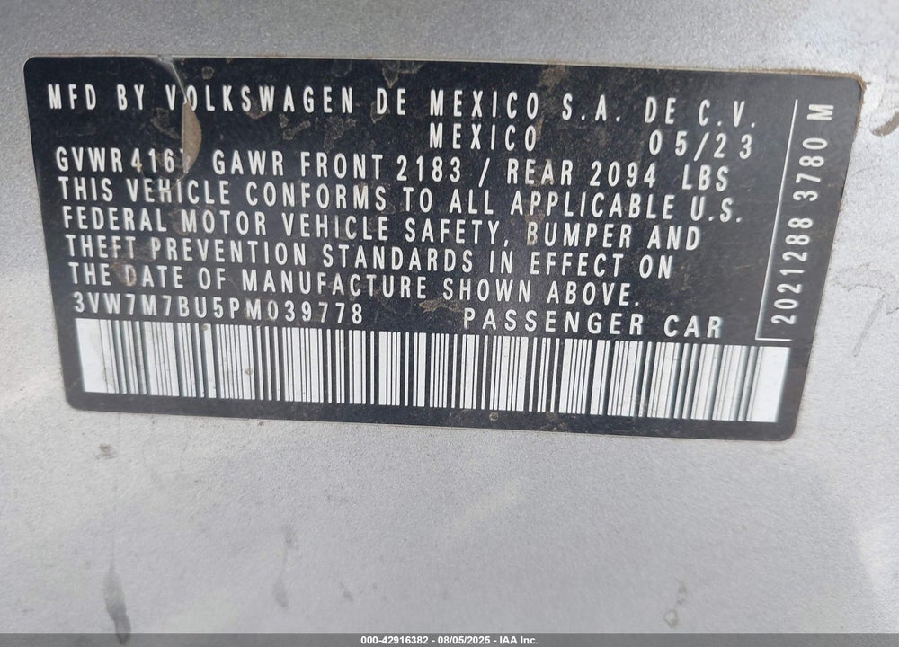 2023 VOLKSWAGEN JETTA VIN: 3VW7M7BU5PM039778