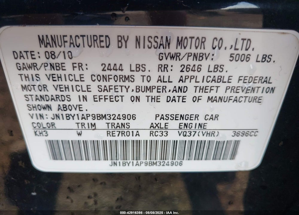 2011 INFINITI M37 VIN: JN1BY1AP9BM324906
