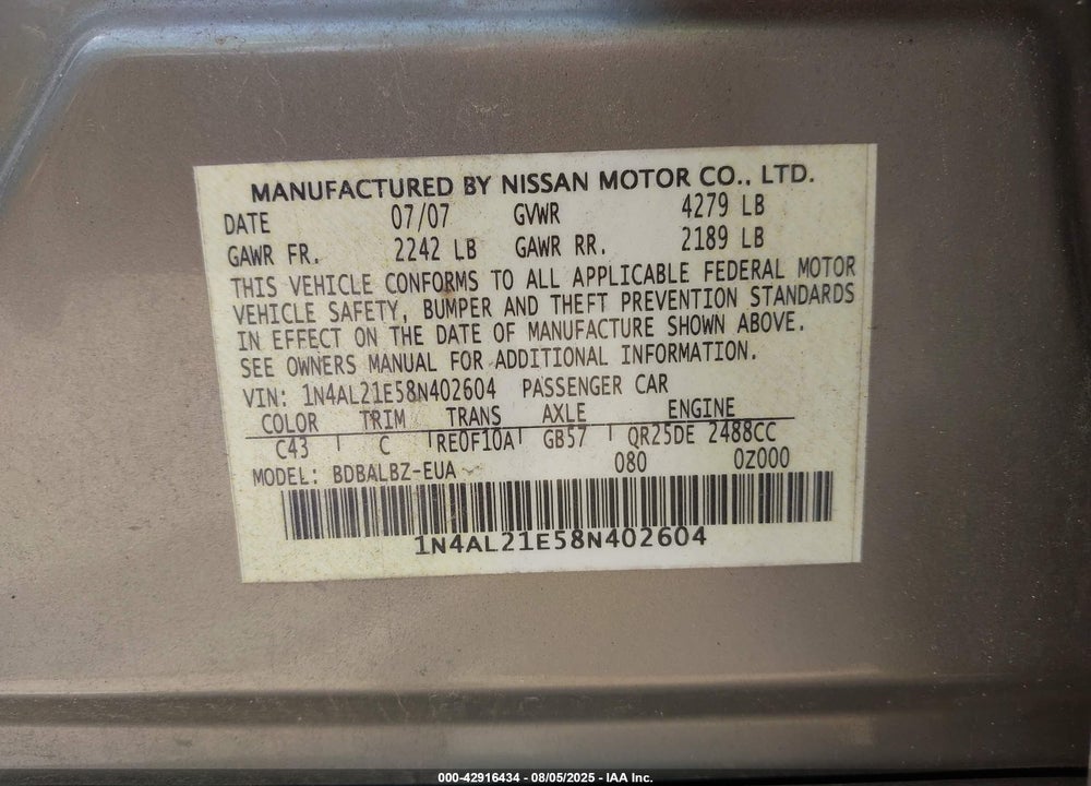 2008 NISSAN ALTIMA 2.5 S VIN: 1N4AL21E58N402604