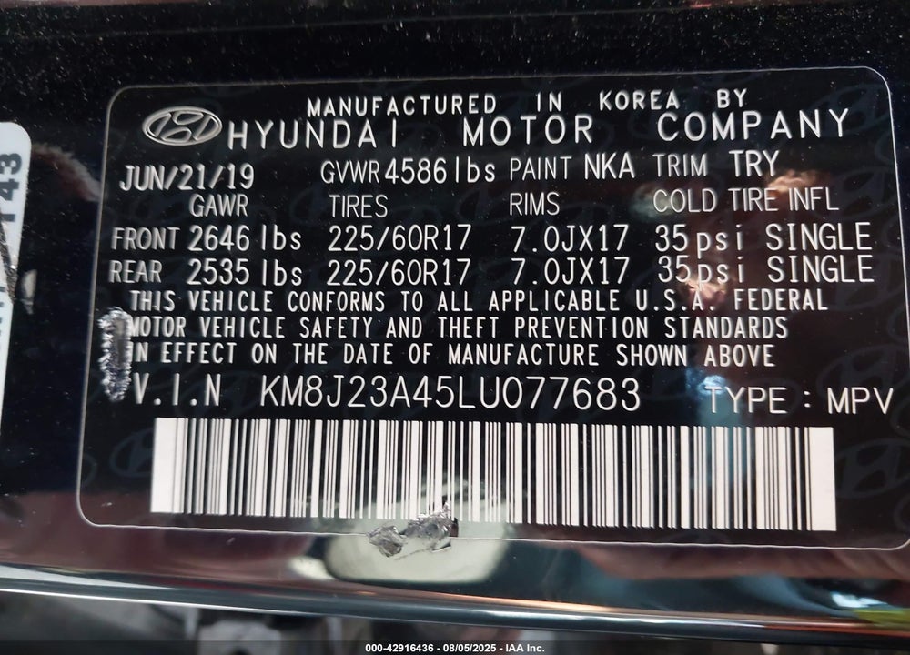 2020 HYUNDAI TUCSON VIN: KM8J23A45LU077683
