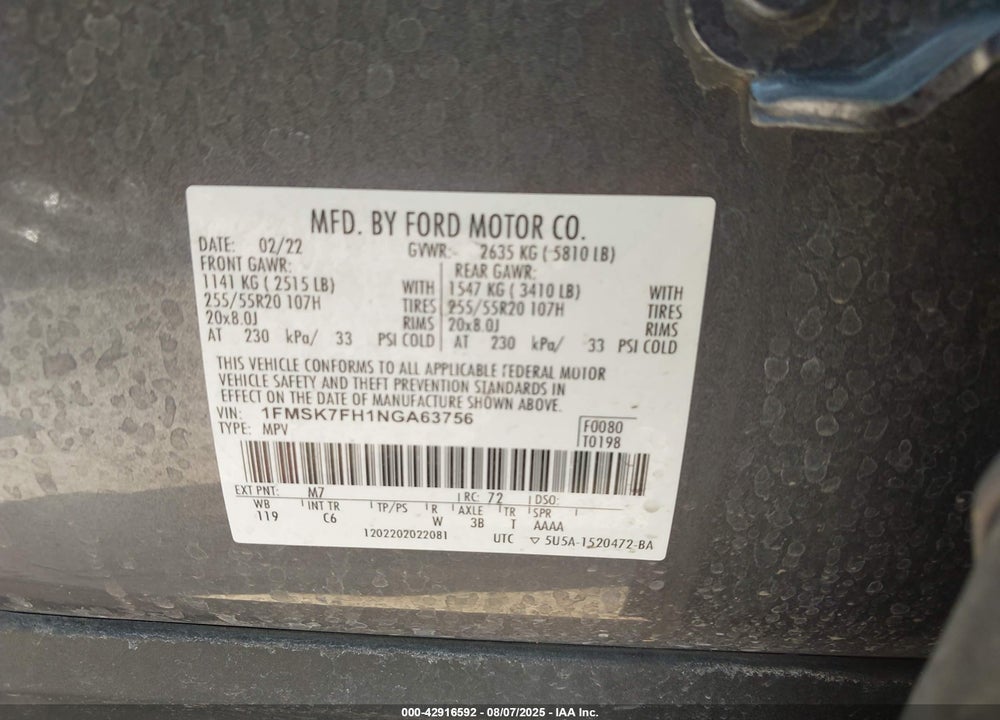 2022 FORD EXPLORER LIMITED VIN: 1FMSK7FH1NGA63756