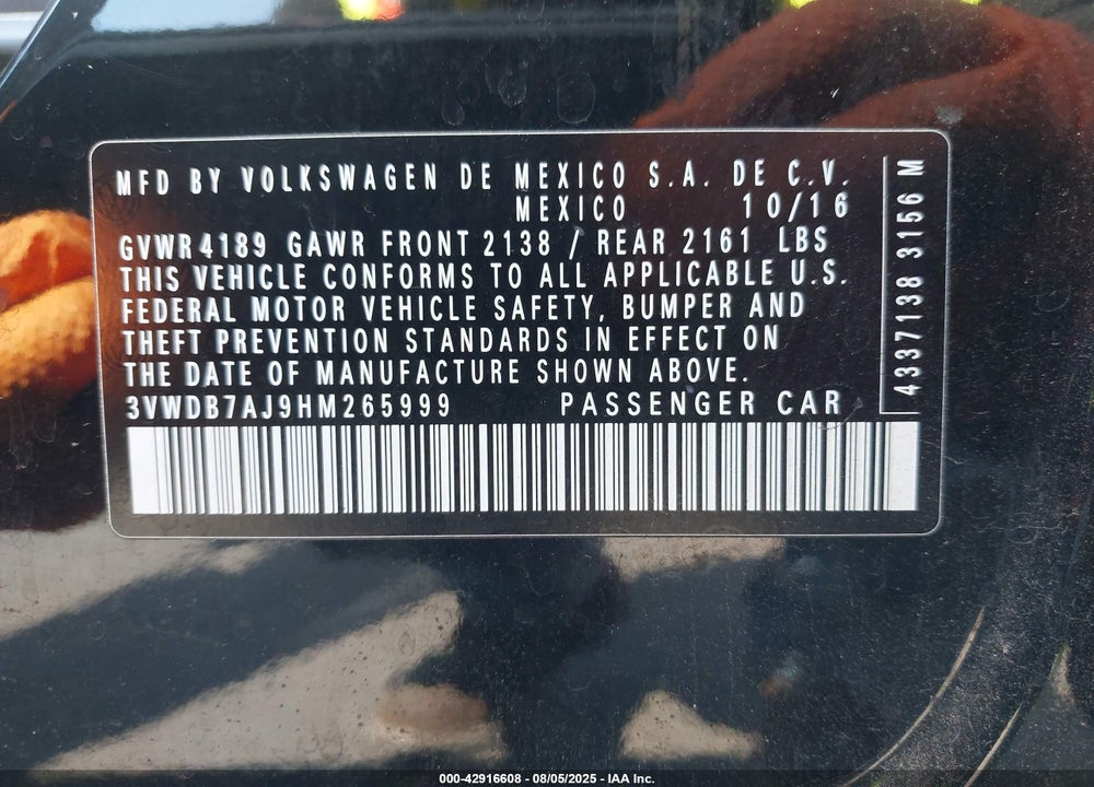 2017 VOLKSWAGEN JETTA VIN: 3VWDB7AJ9HM265999
