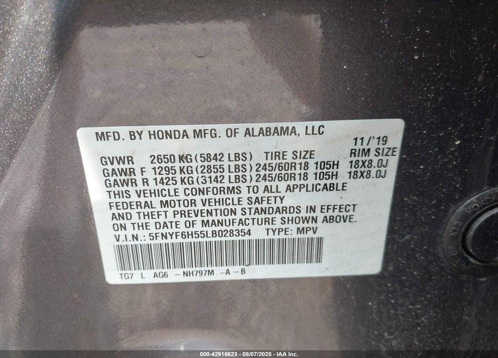 2020 HONDA PILOT AWD EX-L VIN: 5FNYF6H55LB028354