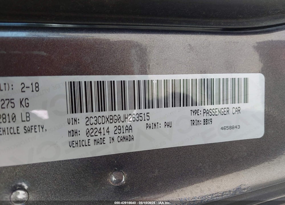 2018 DODGE CHARGER VIN: 2C3CDXBG0JH263515