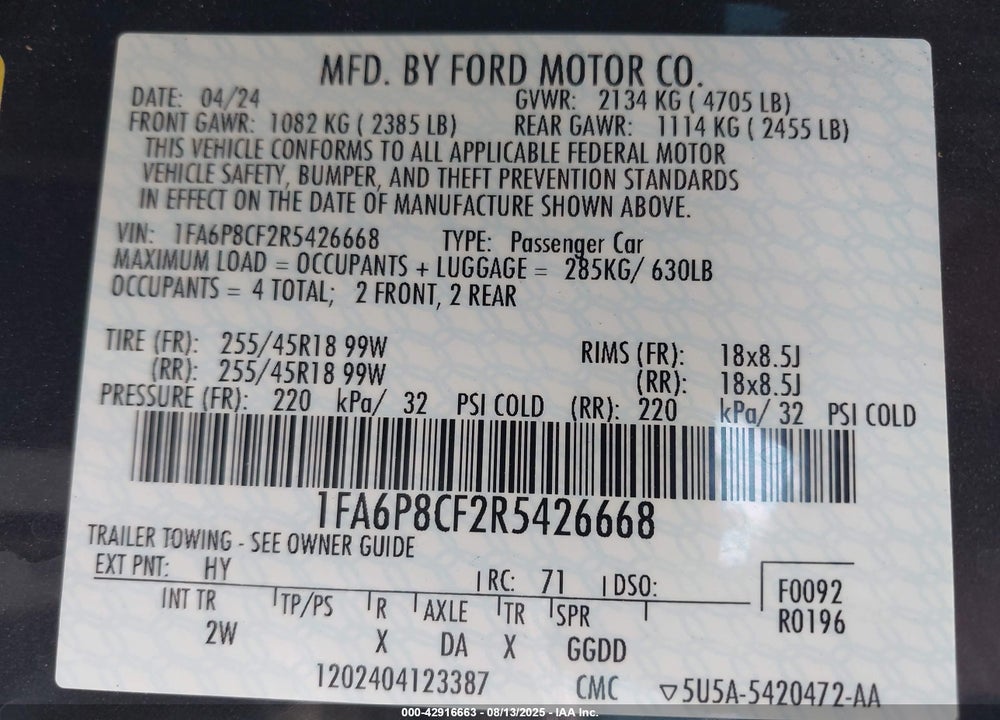 2024 FORD MUSTANG VIN: 1FA6P8CF2R5426668