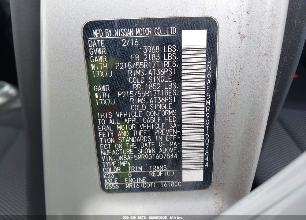2016 NISSAN JUKE VIN: JN8AF5MR9GT607844