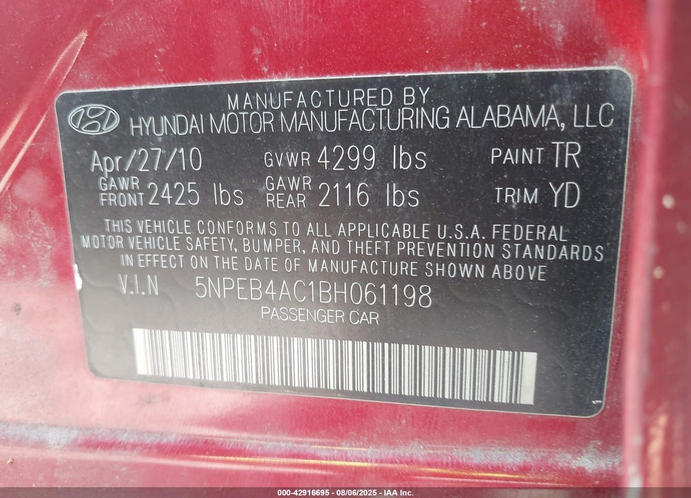2011 HYUNDAI SONATA VIN: 5NPEB4AC1BH061198