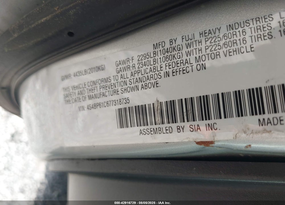 2007 SUBARU OUTBACK VIN: 4S4BP61C677318735