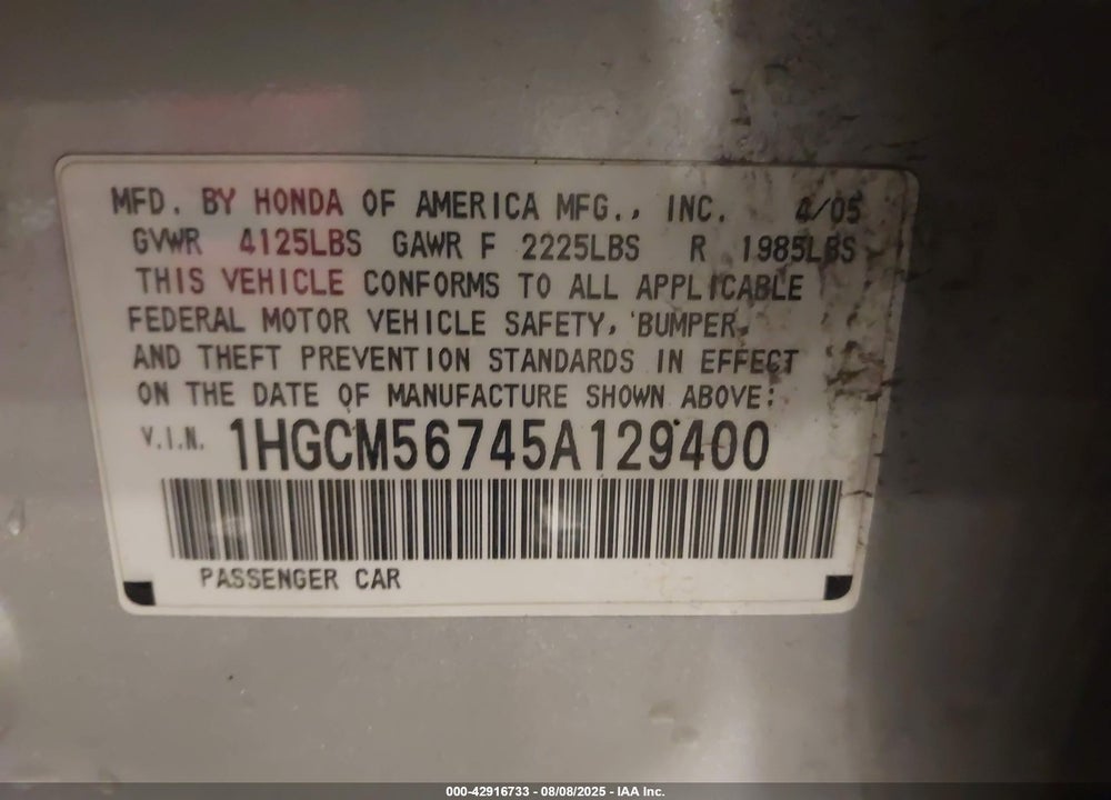 2005 HONDA ACCORD 2.4 EX VIN: 1HGCM56745A129400