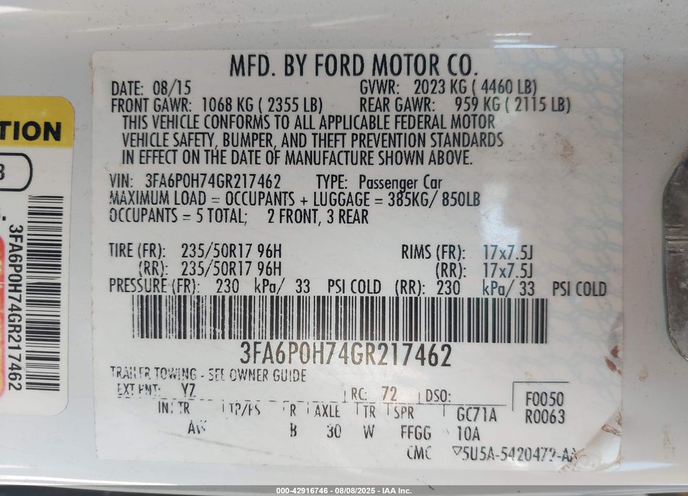 2016 FORD FUSION VIN: 3FA6P0H74GR217462