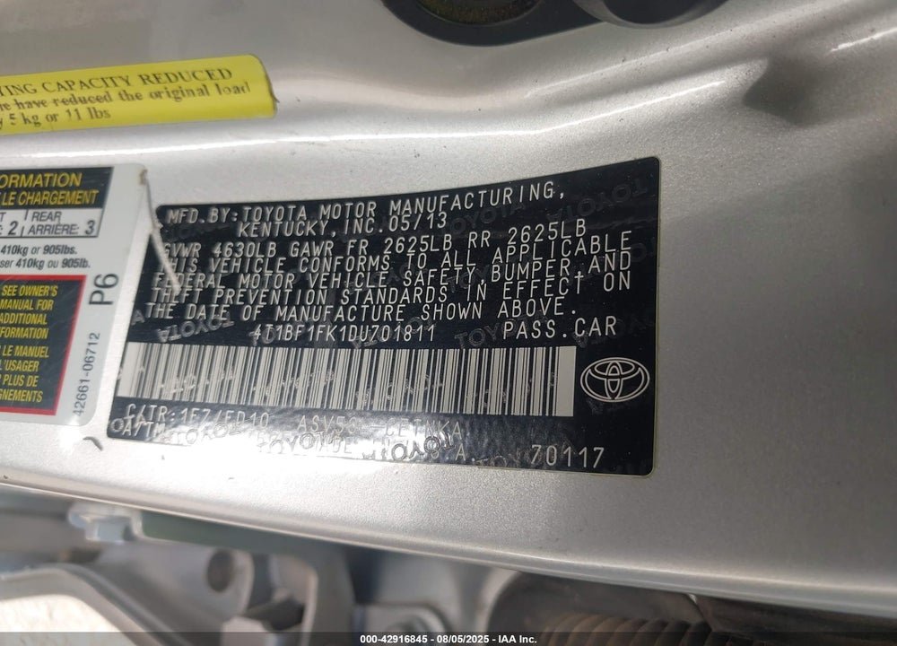 2013 TOYOTA CAMRY VIN: 4T1BF1FK1DU701811