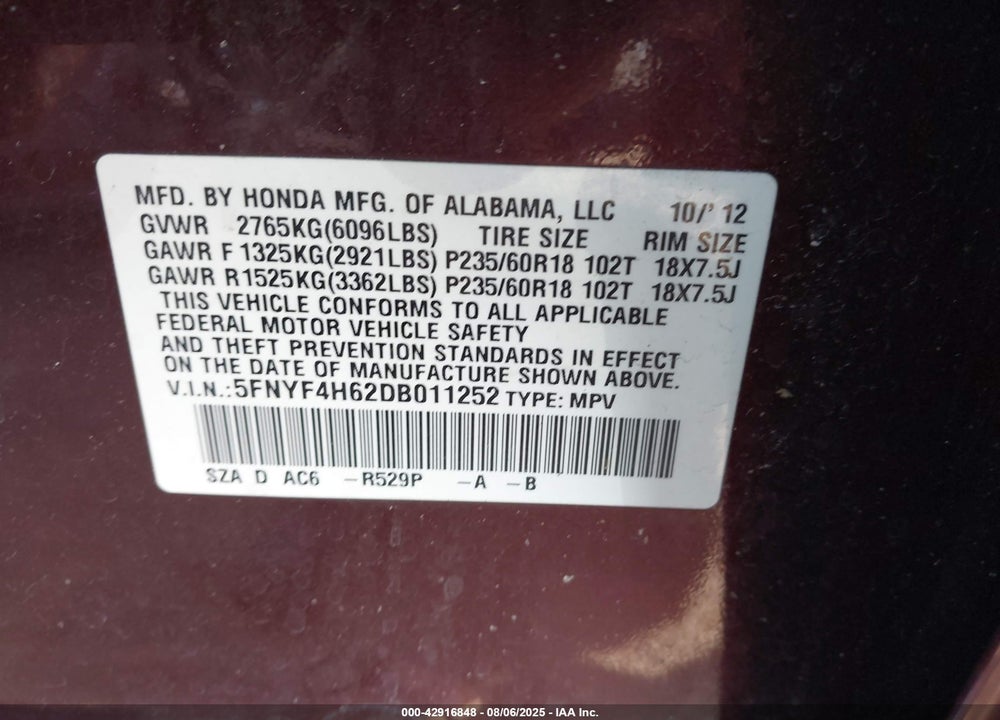 2013 HONDA PILOT VIN: 5FNYF4H62DB011252