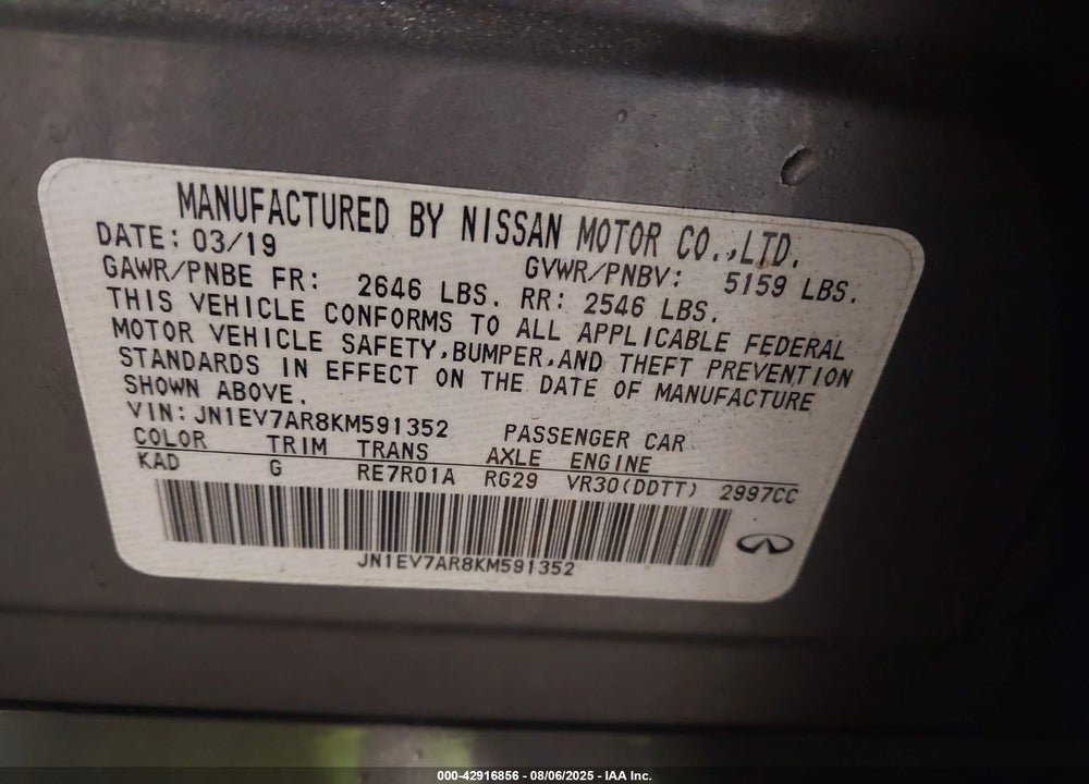2019 INFINITI Q50 VIN: JN1EV7AR8KM591352