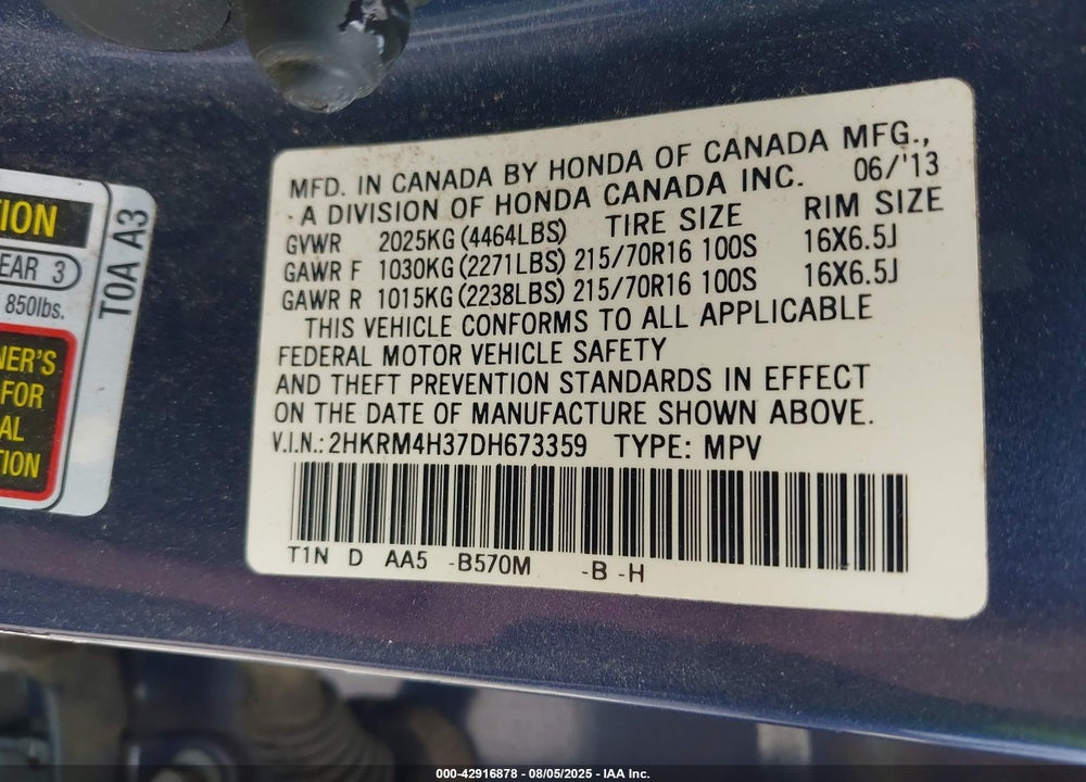 2013 HONDA CR-V LX VIN: 2HKRM4H37DH673359