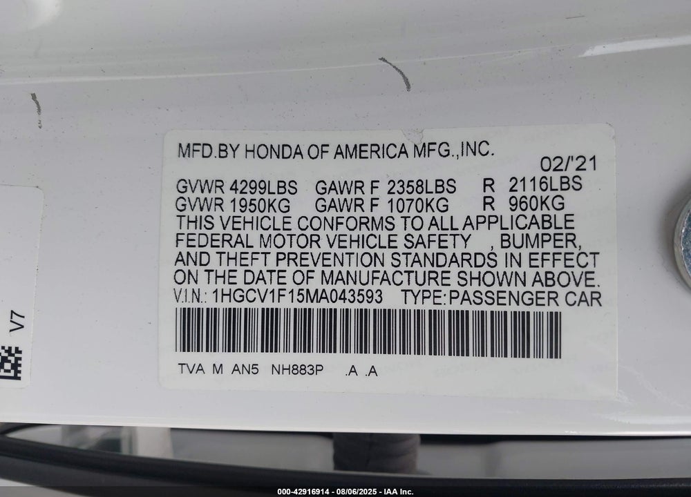 2021 HONDA ACCORD VIN: 1HGCV1F15MA043593