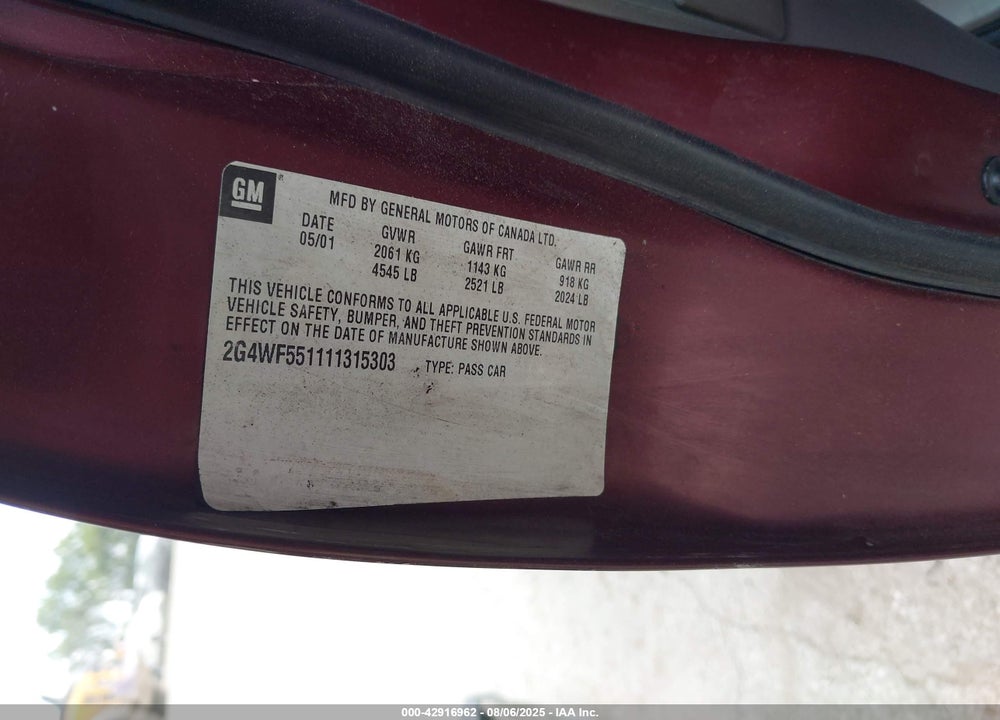 2001 BUICK REGAL GS VIN: 2G4WF551111315303
