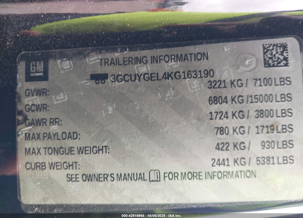 2019 CHEVROLET SILVERADO 1500 LTZ VIN: 3GCUYGEL4KG163190