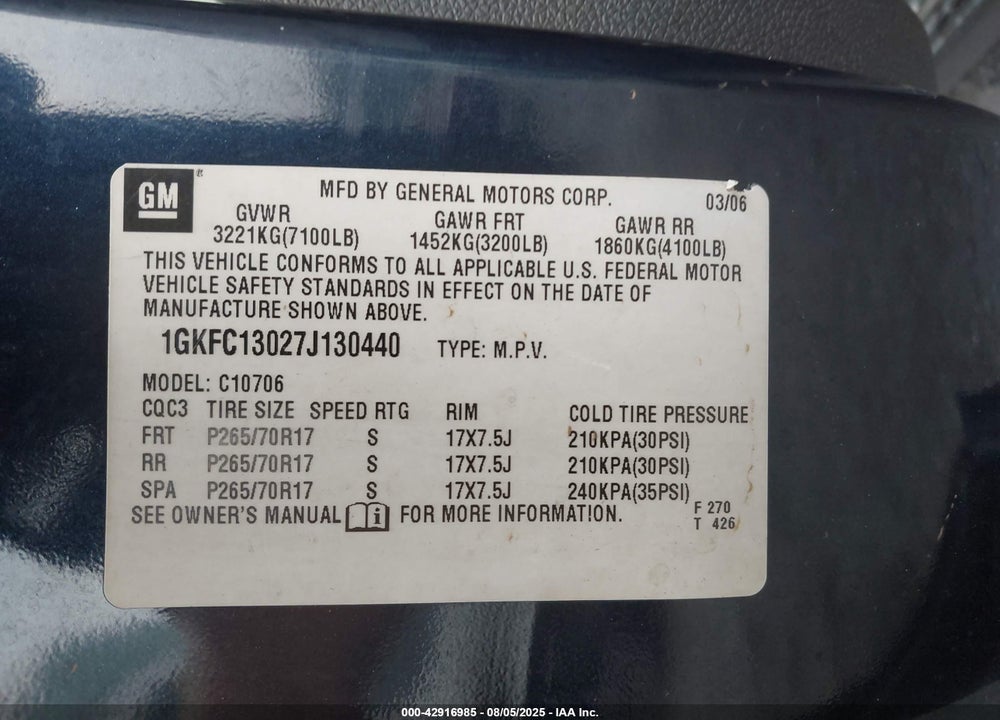 2007 GMC YUKON COMMERCIAL FLEET VIN: 1GKFC13027J130440