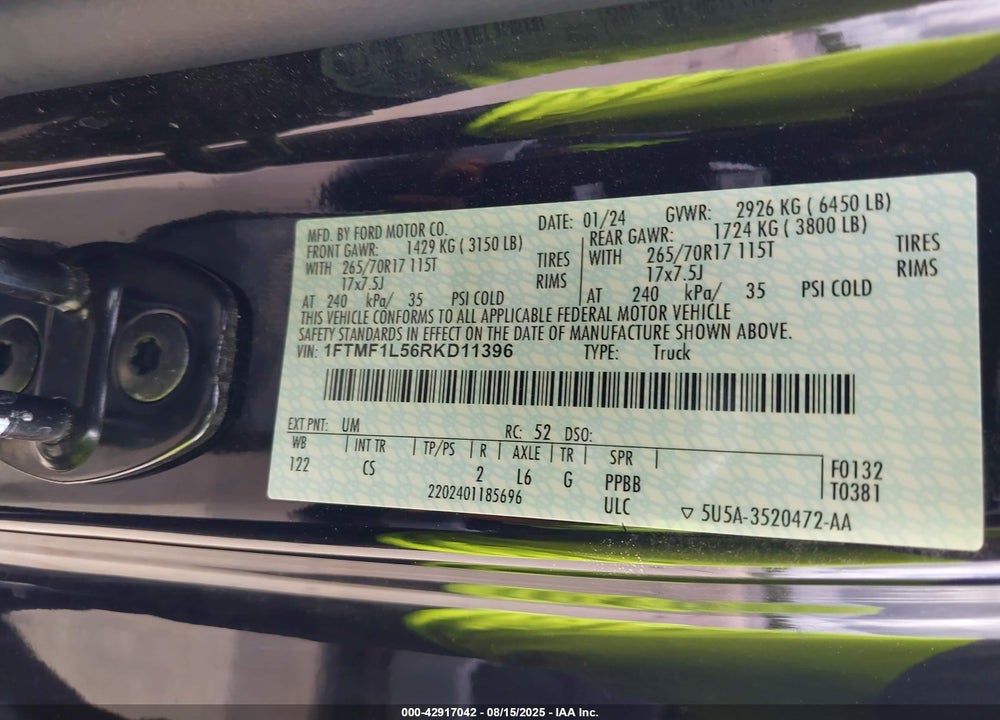 2024 FORD F-150 VIN: 1FTMF1L56RKD11396