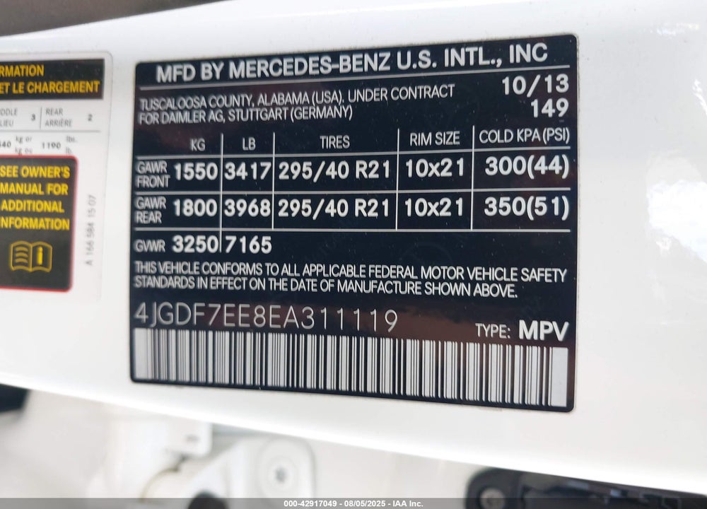 2014 MERCEDES-BENZ GL-CLASS VIN: 4JGDF7EE8EA311119