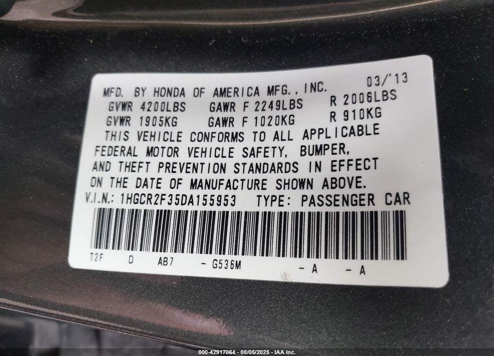 2013 HONDA ACCORD VIN: 1HGCR2F35DA155953