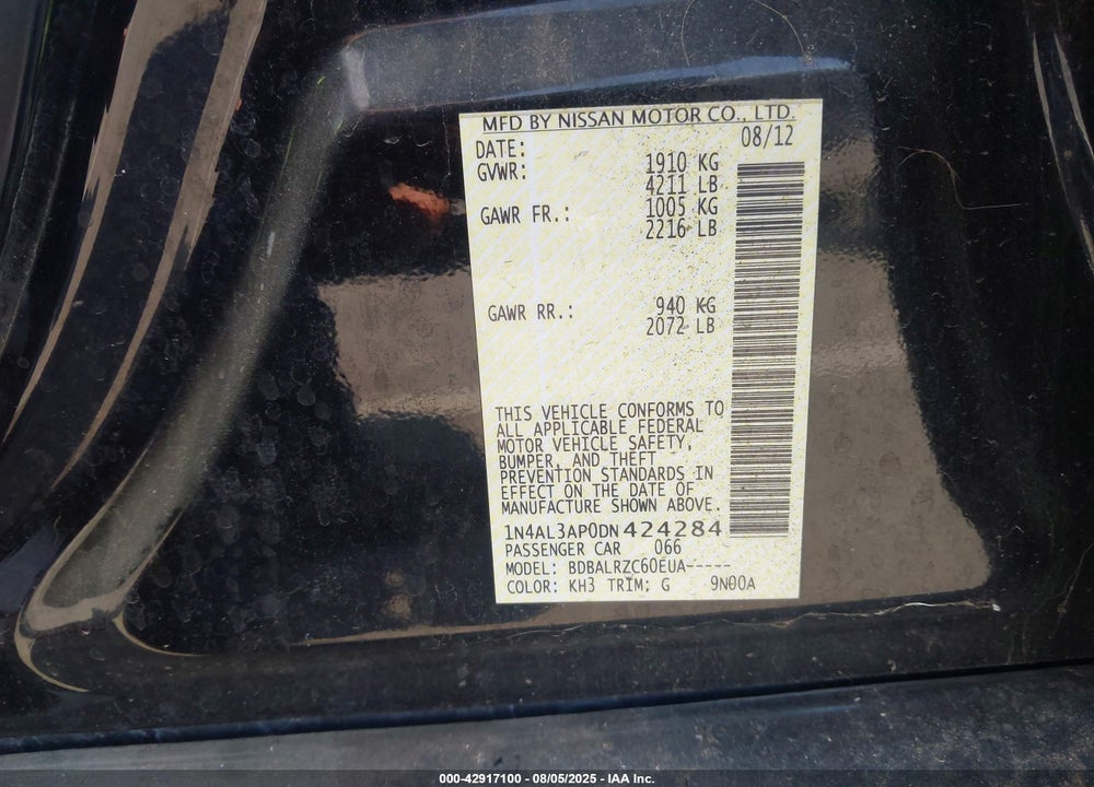 2013 NISSAN ALTIMA 2.5 S VIN: 1N4AL3AP0DN424284