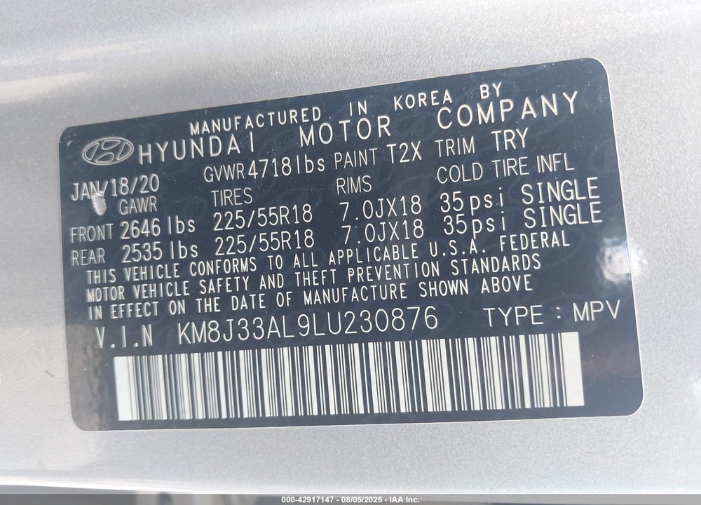 2020 HYUNDAI TUCSON VIN: KM8J33AL9LU230876