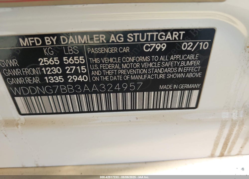 2010 MERCEDES-BENZ S CLASS VIN: WDDNG7BB3AA324957
