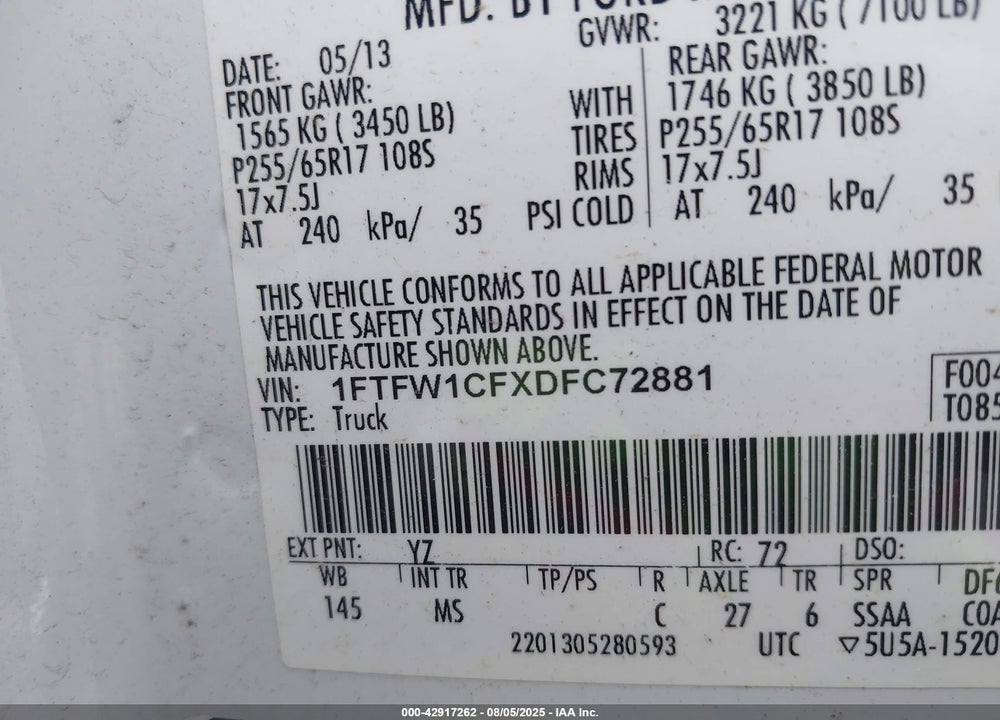2013 FORD F-150 VIN: 1FTFW1CFXDFC72881