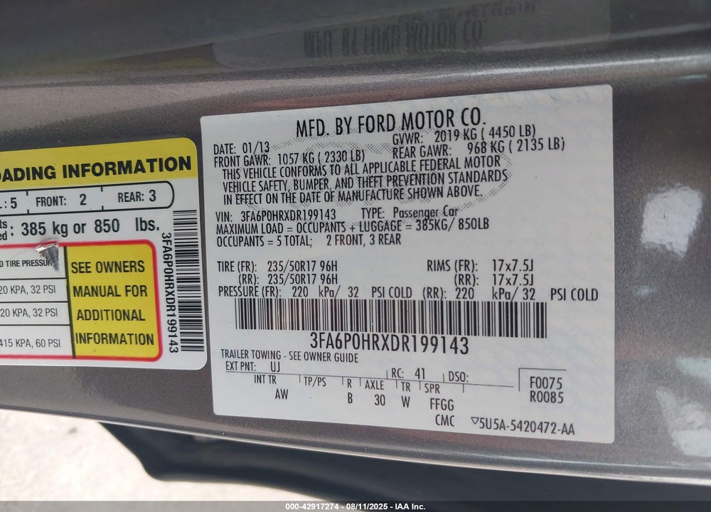 2013 FORD FUSION SE VIN: 3FA6P0HRXDR199143