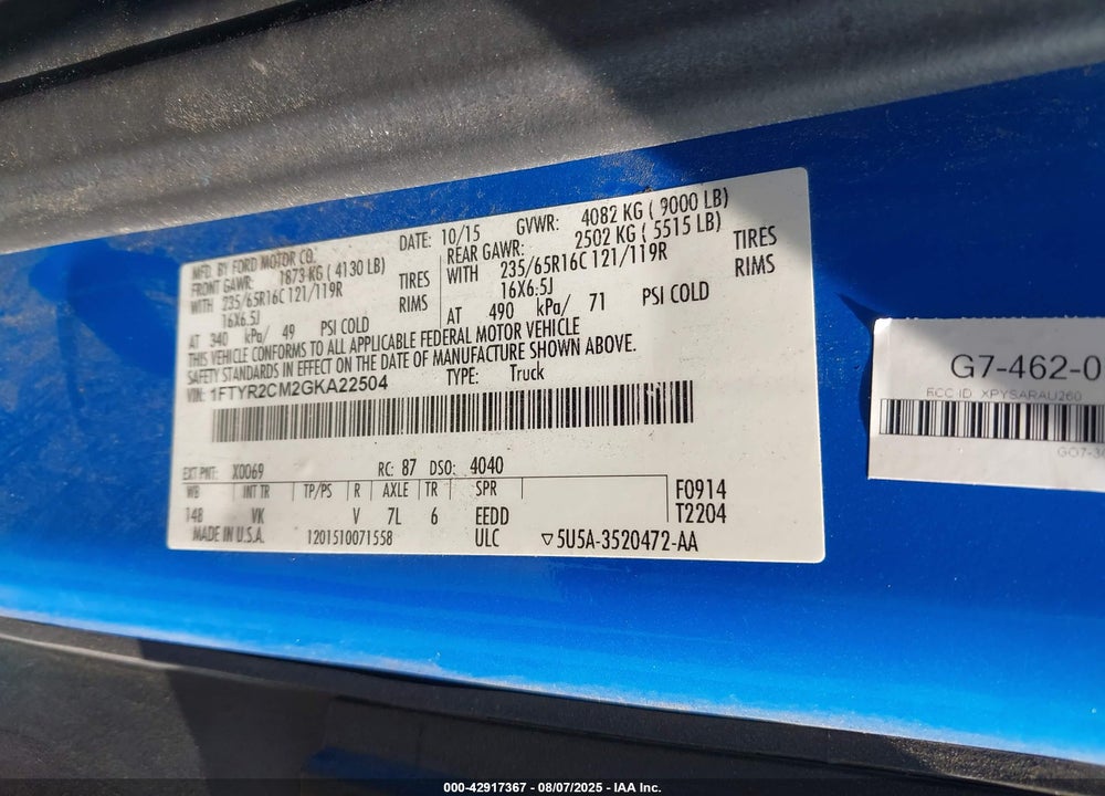 2016 FORD TRANSIT-250 VIN: 1FTYR2CM2GKA22504
