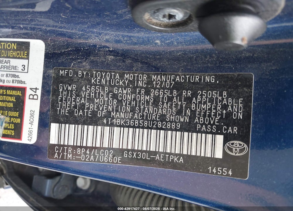 2008 TOYOTA AVALON LIMITED VIN: 4T1BK36B58U282889