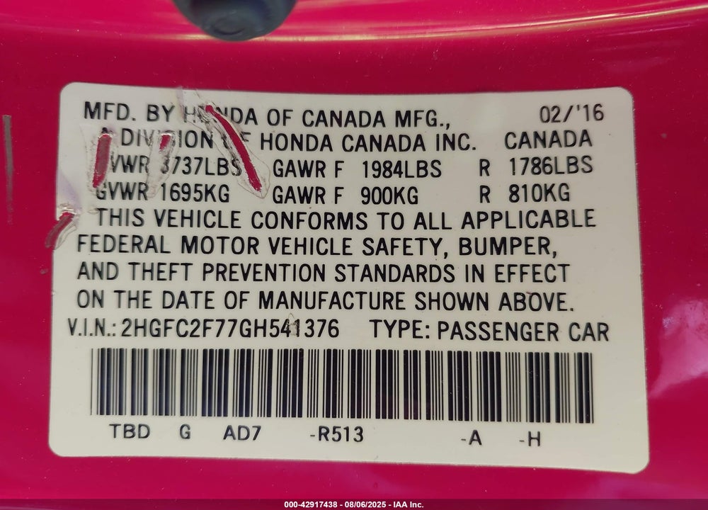 2016 HONDA CIVIC EX VIN: 2HGFC2F77GH541376