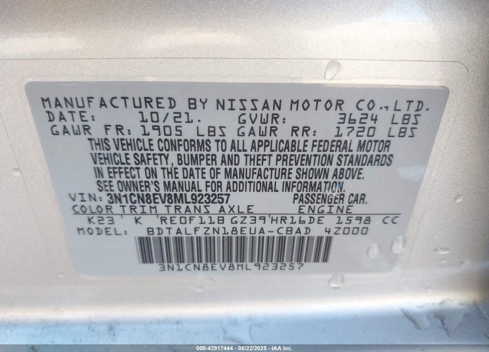 2021 NISSAN VERSA VIN: 3N1CN8EV8ML923257