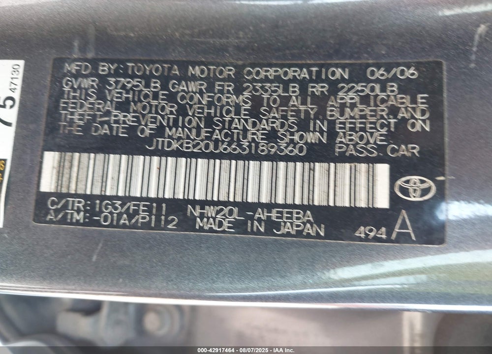 2006 TOYOTA PRIUS VIN: JTDKB20U663189360