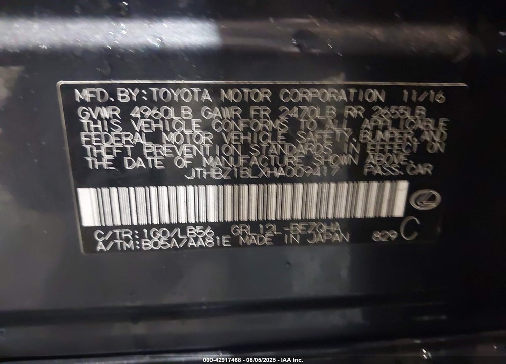 2017 LEXUS GS 350 VIN: JTHBZ1BLXHA009417