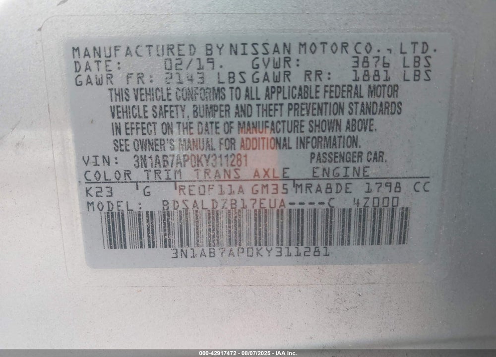 2019 NISSAN SENTRA VIN: 3N1AB7AP0KY311281