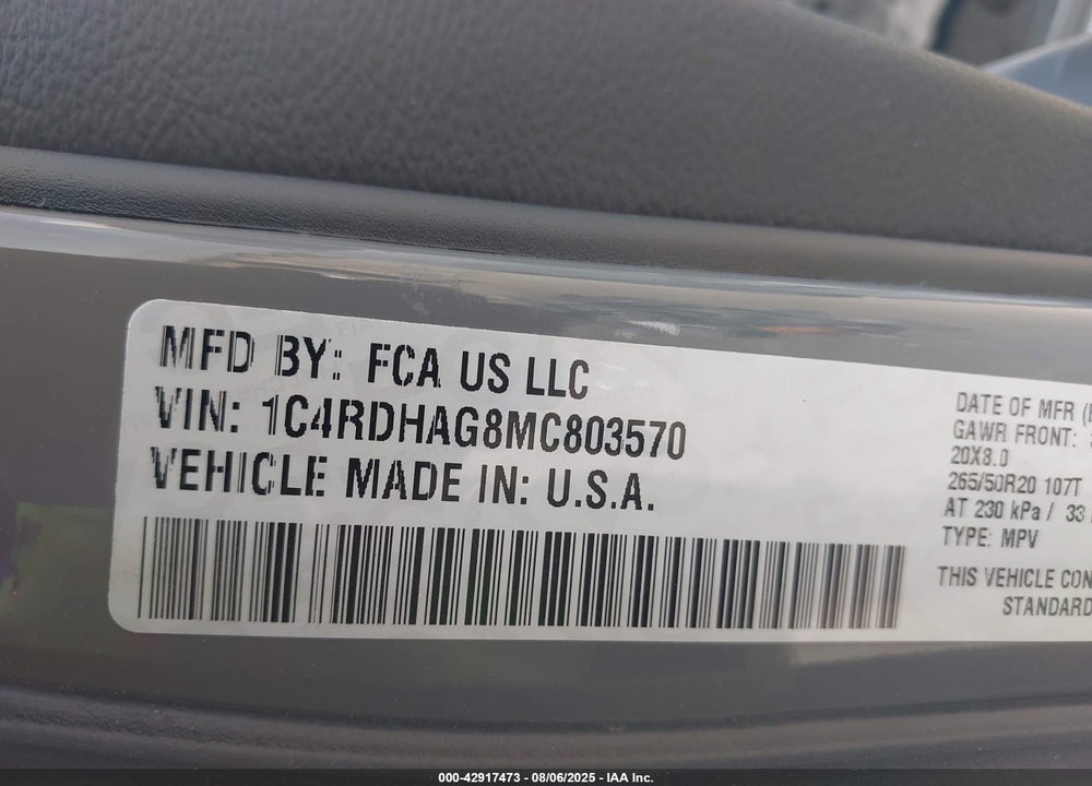 2021 DODGE DURANGO VIN: 1C4RDHAG8MC803570