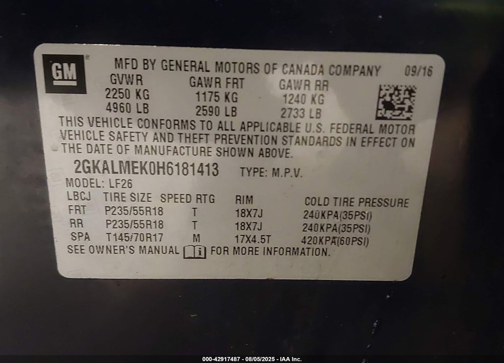 2017 GMC TERRAIN SLE-1 VIN: 2GKALMEK0H6181413